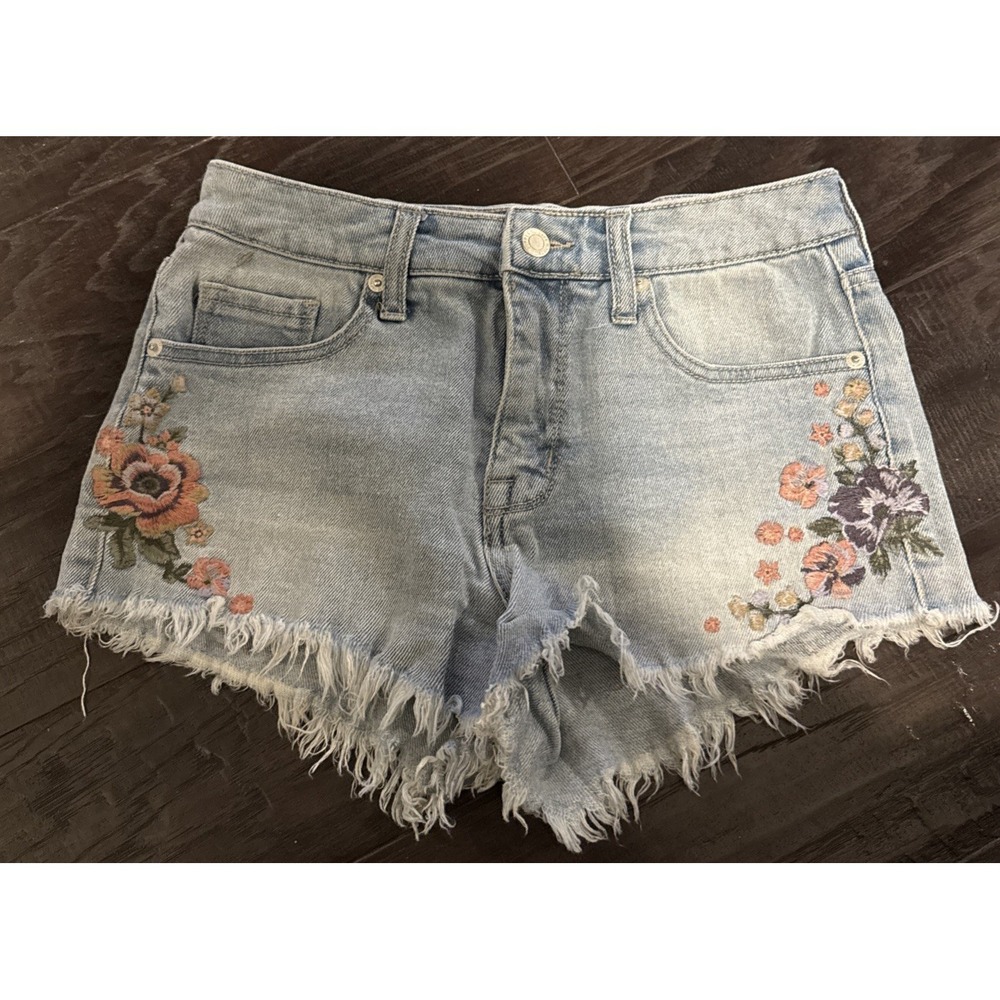 Mossimo Womens 2/26 Cut Off Denim Jean High Rise Shorts Embroidered Floral Boho